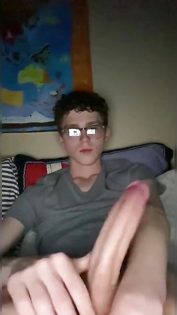 Hung 18yo geek shows and strokes his monster thick cock before sleeping